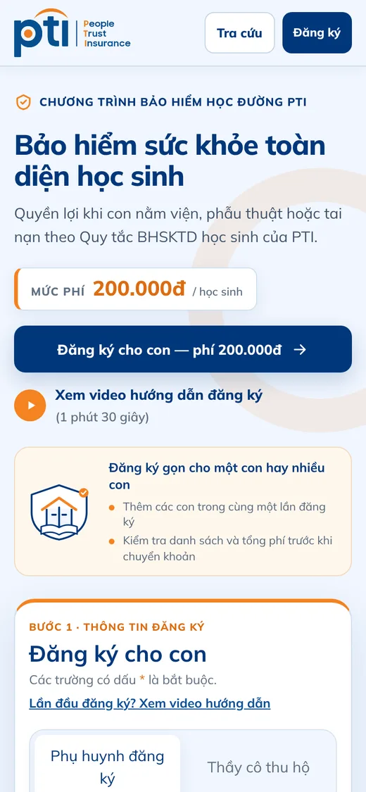 Cổng đăng ký và thu phí bảo hiểm học sinh trên điện thoại